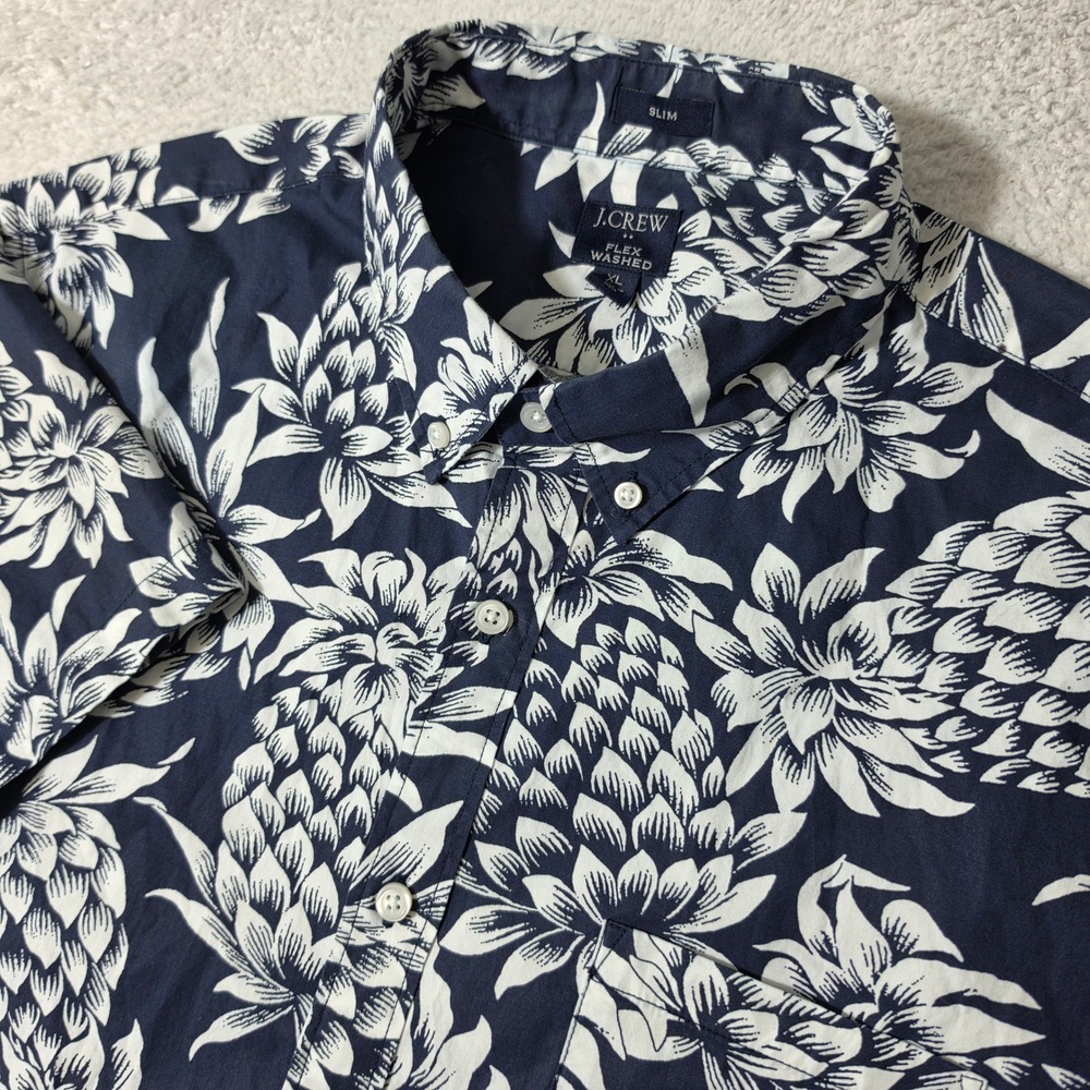 NEW! J.Crew Button Down Mens XL Navy Pineapple Floral‎ Stretch S/S Slim Shirt